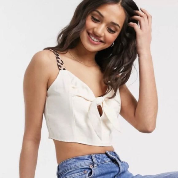 Moon River : Cream Bow Crop Cami with Leopard Print Straps - Picture 3 of 14